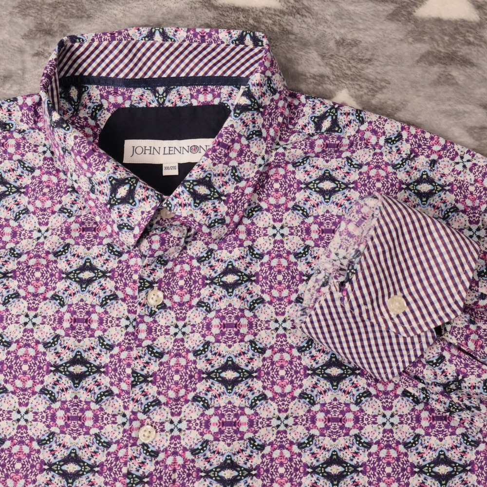 John Lennon Mens XXL Purple Kaleidoscope Print Cotton Long Sleeve Button Down